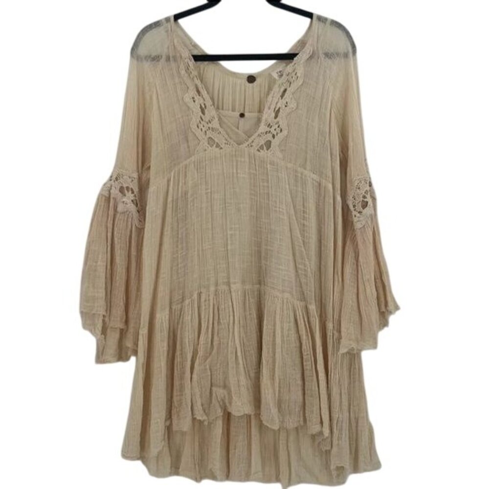 Free People x Free People One Gauzy Boho Cream Crochet Trim Mini Tent Dress - Picture 7 of 11